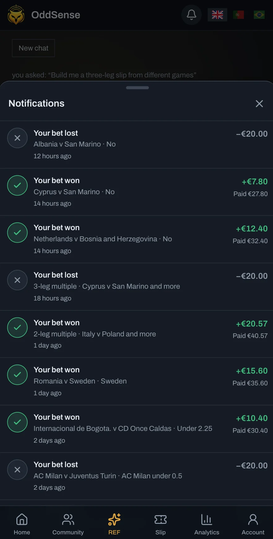 OddSene virtual bets history